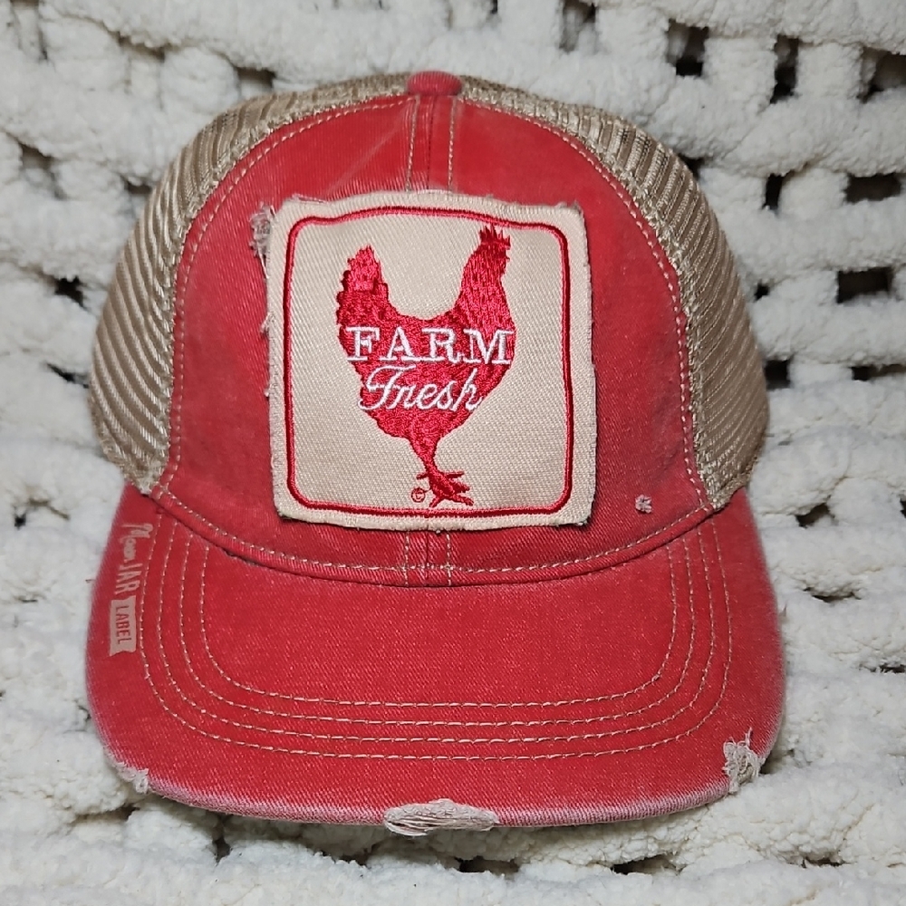 Farm Fresh Chicken Red and Tan Women's Trucker Hat Mason Jar Label